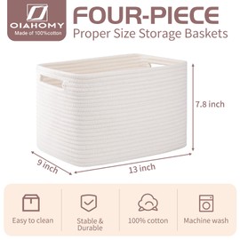 OIAHOMY 4 Pack Storage Baskets for Organizing, Cube Storage Bins for Shelves, Rectangle Storage Baskets With Handles, Woven Baskets for Storage, 12.7''Lx9''Wx7.8''H, White
