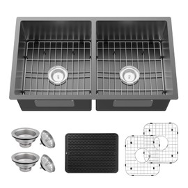 Black 50/50 Double Bowl Sink - 33x19x9 Inch Stainless Steel Drop In/Undermount Large Sink Combo - Grid, Mat, Clips for Modern SS Kitchen