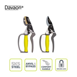 Ergonomic Garden Secateurs (Set of 2) - Anvil & Bypass Secateurs, Ideal Secateurs for Arthritic Hands, Premium Pruning Shears with Auto-Rotating Handle and Finger-Protection, Davaon Pro