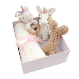 KITA Unicorn Gift Box - Unicorn Crochet Doll Set (Small Doll,Doll on Wood Ring) Crochet Bone with Squeaker, White Blanket with Bow Tie - Soft Stuffed Plush Animal Toy for Puppies & Pets