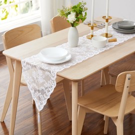 Warm Home Designs Camino de Mesa Extra Largo 36 cm x 305 cm Blanco. Camino de Mesa de Encaje con Diseño de Rosa y 2 Borlas Adjuntas. Camino de Mesa de Boda de Encaje. MTR White 120"