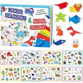 Origami Book Children, DIY Colouring Stickers Children's Craft Sets, Origami Sticker Colouring 3 in 1 Sets, Dinosaur Colouring Book Magical Origami Kit, 8 Origami + 8 Animal Scenes for Boys Girls 3+