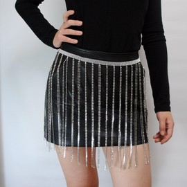 Rhinestone Belt Fringe Skirt,Crystal Tassel Skirtsfringe Hip Scarf Rave Belts Outfit for Women (Sliver- Style 2)