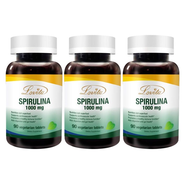 Lovita Spirulina Tablet 3000mg, Organic Spirulina 1000mg per Tablet, Natural Multivitamin Superfood, 100% Vegan Spirulina Tablets, Non-Irradiated, 90 Vegetarian Tablets (Pack of 3)