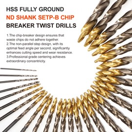 COMOWARE 29Pcs Stepped Point Drill Bit Set, No Pilot Hole Needed, M2 High Speed Steel (HSS) Metal Cutting Drill Bits, 1/16"-1/2", Titanium Coating, for Hardened Stainless Steel, Wood Plastic Acrylic