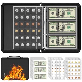 Coin Binder for Collectors with Handle, Fireproof 400 Pockets Coin Collection Album & 36 Paper Currency Book Sleeves, Coin and Bill Organizer Holder Supplies for Quarters, Pennies, 12.8x10.2x1.8inch