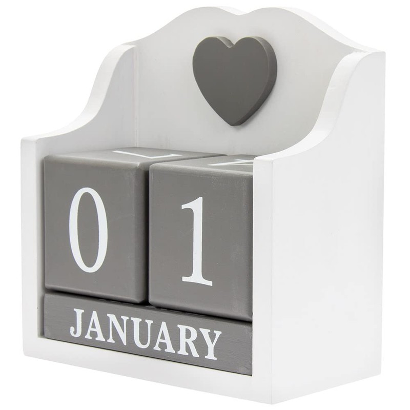 Desktop Perpetual Calendar, White Holder With Contrasting Grey Date/Month Blocks