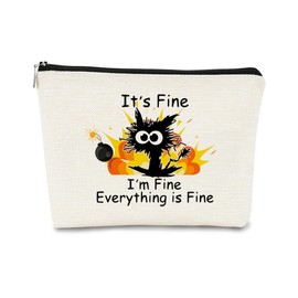 BARPERY Funny Cat Makeup Bag,Its Fine Im Fine Everythings Fine,Black Cat Cosmetic Bag,Fire Keep Calm Cute Small Pouch,Birthday Gift,Coworker Gifts