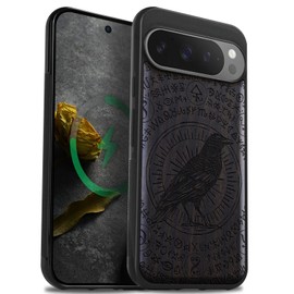 Carveit Magnetic Wooden Case for Pixel 9 Pro Google 9 Pro Case, Wood Artisan Engraved & Soft TPU Shockproof Cover, Compatible with MagSafe Wireless Chargers (The Haloed Crow) Blackwood