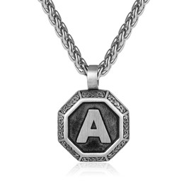 Rajputana Initial Necklace for Men Boys Stainless Steel Letter Pendant Chain A-Z 50+5cm Octagonal Nordic Viking Talisman Jewelry Gifts, Stainless Steel, No Gemstone