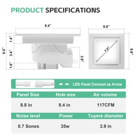 POWERENG Bathroom Exhaust Fan with Light,9.8 in Panel,3000K/4500K/6000K 12W 7.5In Square LED,117 CFM,0.7 Sones 4 Inches Duct 110V,Quiet Ventilation Exhaust Fan for Shower/Home/Office(3-Colour LED)