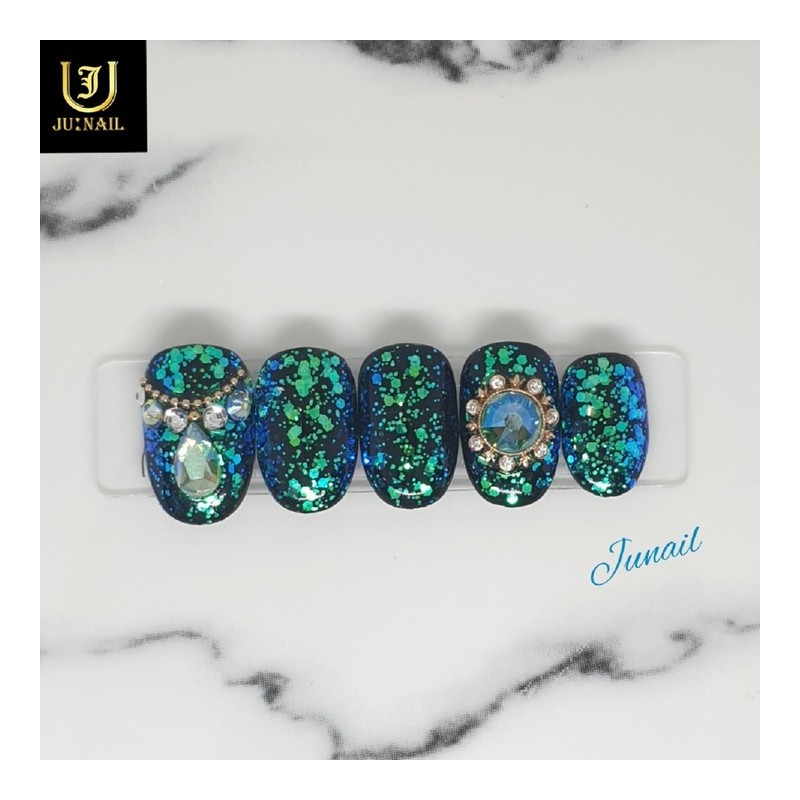 Aquamarine handmade nail tips - Short Round Square / 아쿠아마린