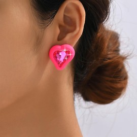 Vacaonio Vintage Pink Crystal Heart Earrings Cz Heart Earrings Acrylic Heart Stud Earrings Pink Gemstone Heart Stud Earrings Sparkling Cz Earrings for Women