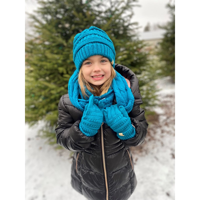 Funky Junque Kids Cable Knit Beanie, Infinity Scarf & Touchscreen