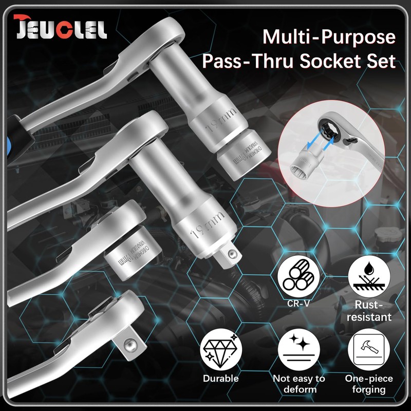 JEUCLEL 17PCS Pass Through Socket Set, Chrome Vanadium Steel, Versatile