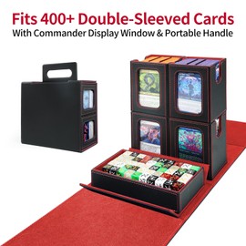 AFIING Commander Deck Box for MTG, Holds 400+ Double-Sleeved Cards, 4 Removable Deck Cases with Display Window, Dice Tray/Handle,Trading Card Storage Organizer/Dividers for TCG (Black Red)