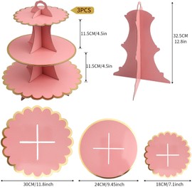 Roellgs 3 Pack Round Cardboard Cupcake Stand, 3-Tier Silver Cupcake Holder Dessert Tower for 24 Cupcakes, Perfect for Wedding, Birthday Party, Baby Shower and Graduation (Lace Pink)