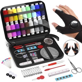 Cool Sewing Kit Gifts for Grandma, Mom, Friend, Adults, Beginner, Emergency,Sewing Supplies with Thread, Scissors, Needles,Flashlight Gloves for Extra Precision Lighting in Sewing Craft Small Repairs