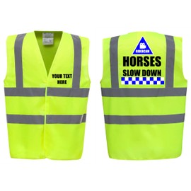 Ridercam Horses Slow Down - Horse Riding Equestrian Premium Yellow Hi Vis Safety Vest Reflective Waistcoat Road Safety High Visibility, Can Personalise. (Yellow, 4XL)