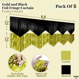 KatchOn, Black and Gold Fringe Backdrop Curtain - XtraLarge 6.6x1.7 Feet, Pack of 6 | Graduation Backdrop for Graduation Decorations 2025 | Fringe Curtain for Birthday Decorations | Prom Decorations