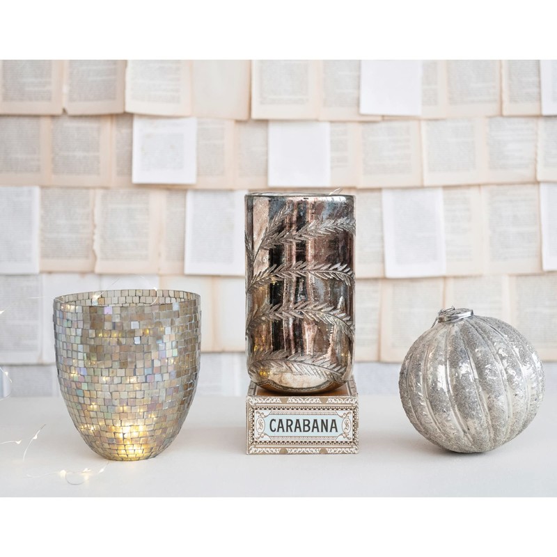 Creative Co-Op Etched Glass Hurricane, Antique Silver Finish