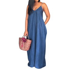 Women's Sexy Maxi Denim Dresses Casual Spaghetti Strap Striped Dark Blue Long Sundress Wiht Pockets