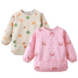 PORFOYO Baby Bibs with Sleeves, 2 Pieces Baby Bibs for Baby Food, Washable Bibs with Sleeves, Full Body for with Sleeves, Soft, Skin-Friendly for Children 24-48 Months, blue, m