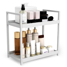 kumet 2-Tier Bathroom Countertop Organizer Multifunctional Vanity Tray Cosmetic and Makeup Storage Rack Kitchen Spice Shelf Freestanding Organizer (White)