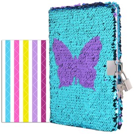 VIPbuy Magic Reversible Sequin Notebook Diary Lined Travel Journal with Lock and Key for Kids Girls, A5 Size (8.5 x 5.5 Inches), 78 Sheets (Butterfly)