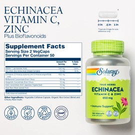 SOLARAY Echinacea Vitamin C & Zinc 850mg Plus Bioflavonoids, Echinacea Capsules for Healthy Immune Support, Vegan, Lab Verified, 60-Day Money-Back Guarantee, 50 Servings, 100 VegCaps