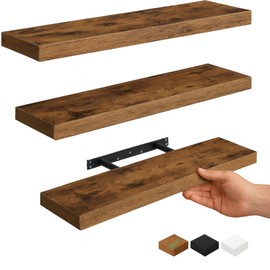 Vervida® Rustic Brown Floating Shelves for Wall Heavy-Duty Wall Storage for Bedroom/Living Room | Stylish Modern Design, Easy Install, Hidden Bracket Shelves (3 Pack)
