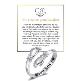 To My Granddaughter Hug Ring For Hope Rings, Inspirational Stainless Steel Engarved With Always With You Message Adjustable Ring for Women Non Tarnish Jewelry Gift for Her Birthday Christmas (CZ Always With You-Silver)