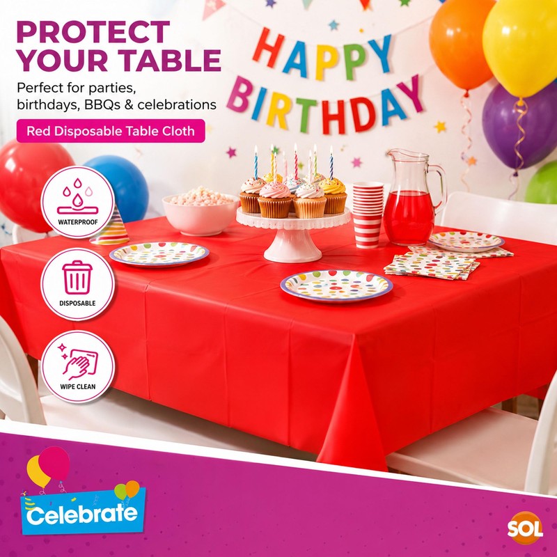 SOL 6pk Red Table Cloth - Disposable Waterproof Plastic Party