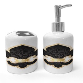 Ambesonne Fleur De Lis Soap Dispenser & Toothbrush Holder Set, Royal Lily France Empire Family Insignia Design Image, Ceramic Bathroom Toiletry Accessories, 2 Pcs, Yellow Black White