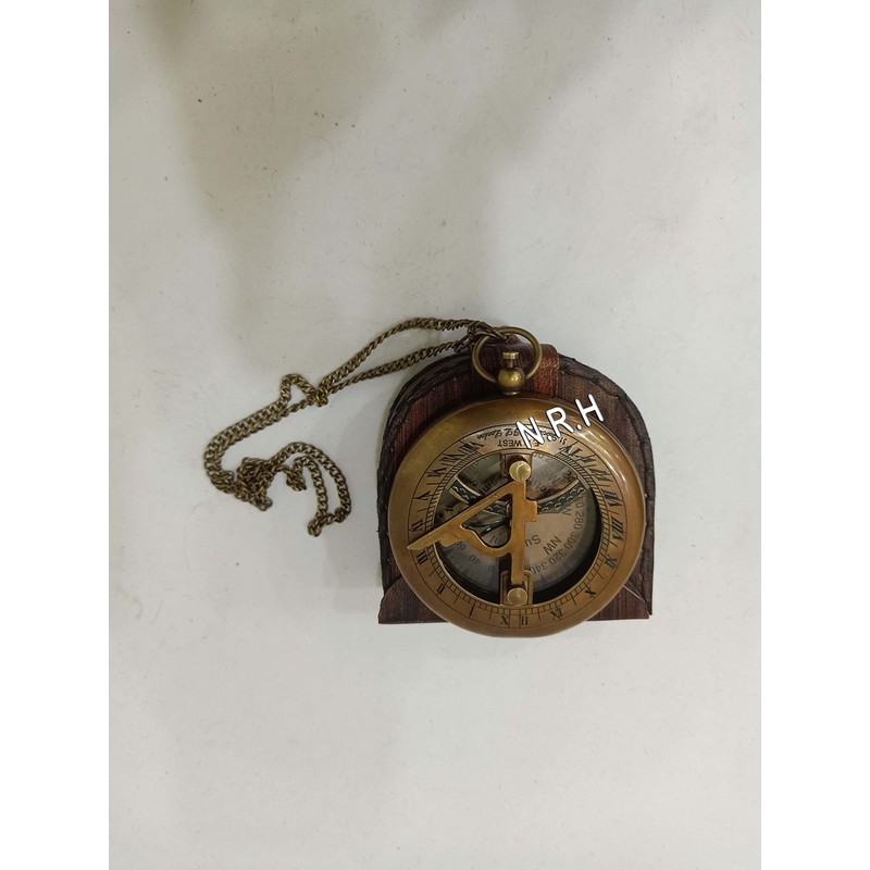 Nautical Sundial Compass Antique Vintage Style with Leather Box and