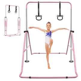 Pink Adjustable Gymnastic Bar With Rings For Children Stainless Steel Multi Functional Training EquipmentColor: as Pic Color