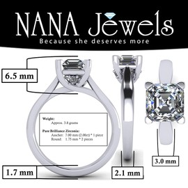 NANA Jewels Silver 7.00mm (2ct) Asscher Cut Zirconia Lucita Solitaire Engagement Ring-Platinum Plated-Size 10