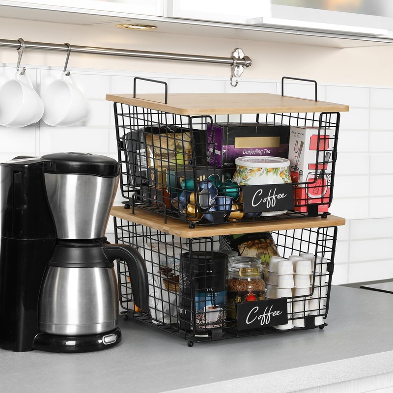 2 Set XXL Stackable Wire Basket with Bamboo Tops &