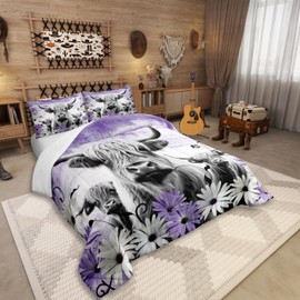 Erosebridal Highland Cow Print Comforter Set Full,Purple Western Farmhouse Bedding Sets Rustic Home Decor,Longhorn Cattle Farm Animals Bed Set Grunge Daisy Floral Quilt Cowboys Gifts for Girls Boys