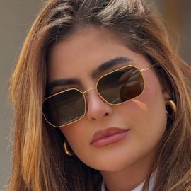 JUDOO Oversized Retro Rectangle Sunglasses for Women Men Trendy Vintage Gold Metal Frame Design Slim Sun Glasses Shades (Grey lens)