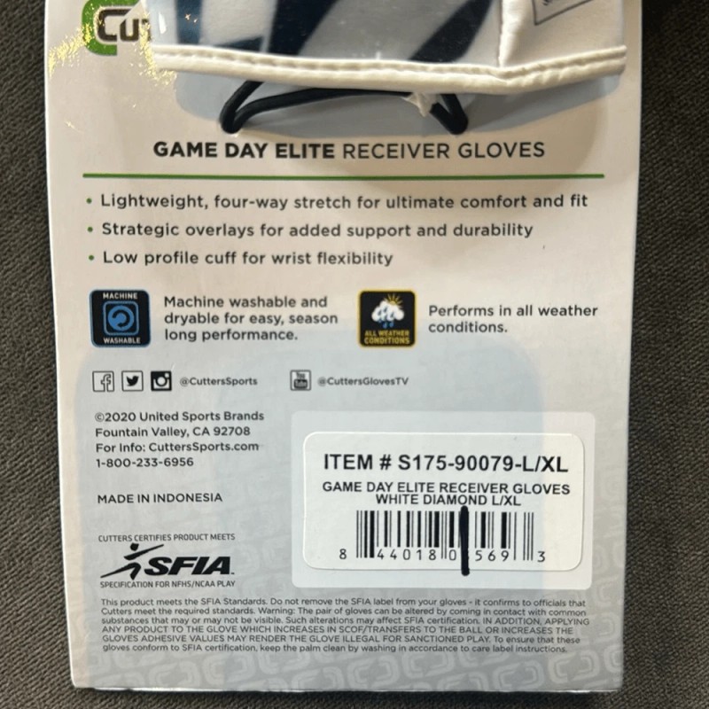 Cutters Game Day Elite Football Gloves Adult L/XL White Diamond