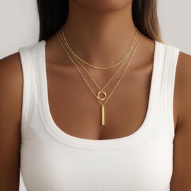 JECOMY Layered Gold Necklace for Women, 14K Gold Plated Necklace Stack Set, Dainty Pendant Necklace Non Tarnish, Fashion Circle Jewelry Gift for Women
