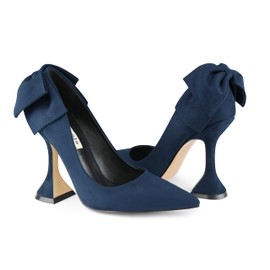 Zzheels Women's Bow High Heels Closed Toe Heels with Bow Chunky Heels Bridal Wedding Shoes Blue Suede US6