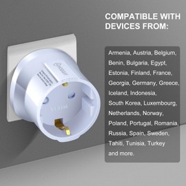 MOBIBAY MOBIBAY European to UK Plug Adaptor- 1 Pack Adapter EU to UK,EURO 2 Pin to 3 Pin for Europe Schuko Travel Converter from France, Italy, Spain, Germany to British Adapter- White