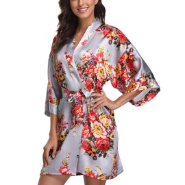 Laurel Snow Women's Floral Satin Robes Plus Size Bride Bridesmaid Getting Ready Robe Short Kimono Sleepwear for Wedding Party