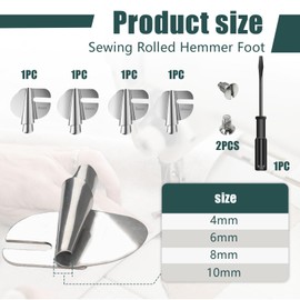 Goiern 4 x Sewing Foot for Rolled Seams, Sewing Accessories, Sewing Machine Accessories, with 4 Sizes, Stainless Steel Sewing Rolled Hem Presser Foot for Home (4/6/8/10 mm)