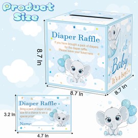 QISOLIY 50 Pieces Diaper Raffle Tickets with Box Baby Shower Game Invitations Diaper Raffle Cards Diaper Raffle Box Set for Baby Shower Gender Reveal Party Supplies Card Box (Baby Elephant)