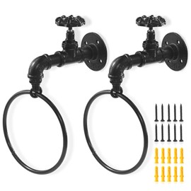WiseWater 2 Packs Industrial Water Spigot Towel Ring, Pipe Faucet Towel Holder, Wall Mounted Hanger, Vintage Decor for Bathroom, Kitchen and Living-Room, with Screws (Black)