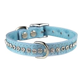 OminPet Signature Leather Crystal Dog Collar, Baby Blue Ostrich Grain Leather, Fits 9.5"-11.5" Neck Size