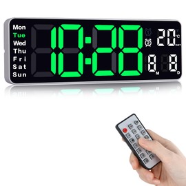 Fuloon 13 inch Large Digital Wall Clock, Digital Alarm Clock, 12/24H Digital Clock with Remote Control, Countdown Gym Timer with Date, Week, Temperature, Adjustable Brightness (Plug In Electricity)
